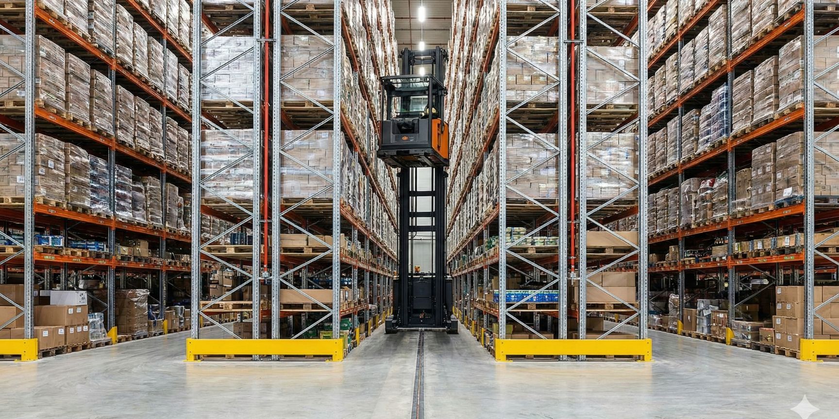 Interior view of a modern narrow-aisle warehouse (VNA) with a Man-Up narrow-aisle forklift operating in a very narrow aisle with high pallet racks. The inductive guide for the industrial truck is visible on the floor.